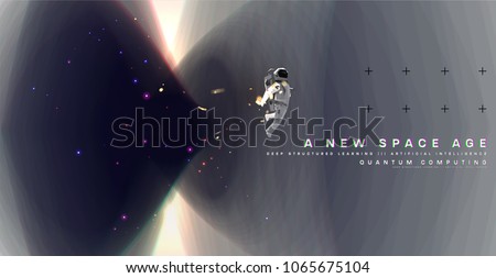 Astronaut. Cosmos futuristic abstract background, quantum space exploration and technology vector poster. Minimalistic shapes, stars and lights for science placards, banners and presentations. Royalty-Free Stock Photo #1065675104