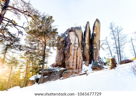 Rock Feathers. Winter landscape. Siberia Krasnoyarsk, the reserve Stolbu
