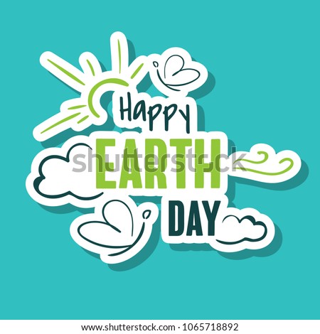Bright sticker design with butterflies, clouds and sun for Earth day on blue background. Vector illustration
