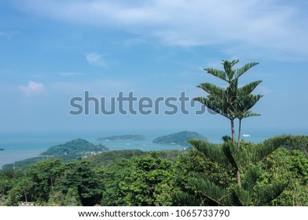 Sky and sea view over Phuket with many island and top of a pine tree