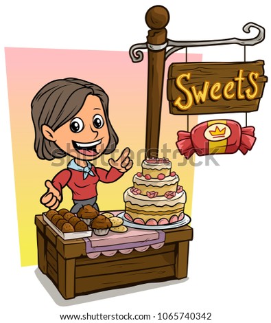 Cartoon standing white cute flat brunette girl character selling sweets at wooden candy shop or market. Vector icon for game.