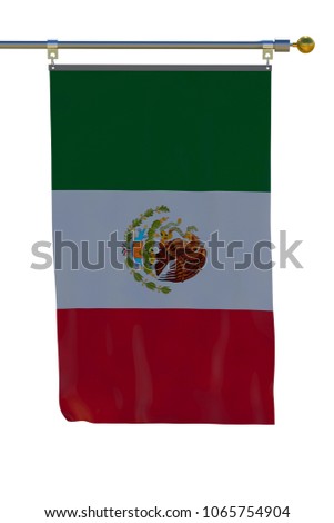 Mexico flag with flagpole on white isolate with wind