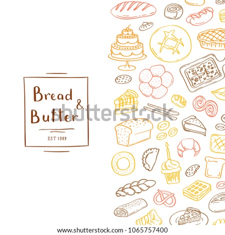 Vector background illustration with hand drawn doodle bakery elements and lettering