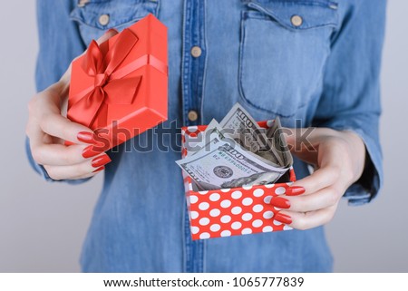 Sell people person charity donate income perks benefit give discount sale extra job work business entrepreneur chistmas concept. Cropped close up photo of happy lady with cash box isolated background Royalty-Free Stock Photo #1065777839