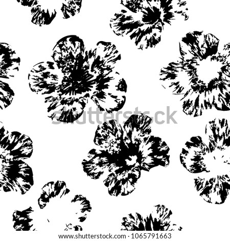 Abstract seamless flower pattern. grunge textured background. black and white floral repeated backdrop for girl, textile, fashion clothes, wrapping paper.  monochrome wallpaper.  tropical flowers