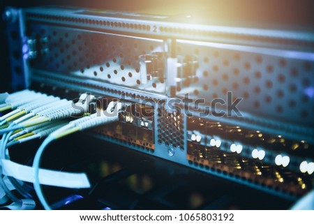 Fiber optic cable connect on core switch.Datacenter concept .Internet 