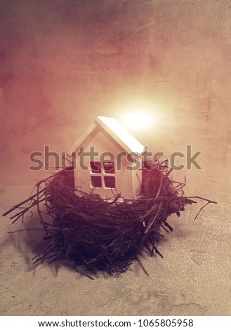 Buying, selling a house, a white house in a nest at sunset. house is an investment.