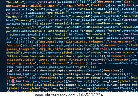 Digital binary data on computer screen. CSS, JavaScript and HTML usage. IT business company. Javascript functions, variables, objects. Notebook closeup photo. Modern tech. 