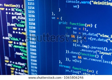 Programming code typing. Abstract computer script code. PHP data source file. Writing programming code on laptop. Admin access to data source. Desktop PC monitor photo. 