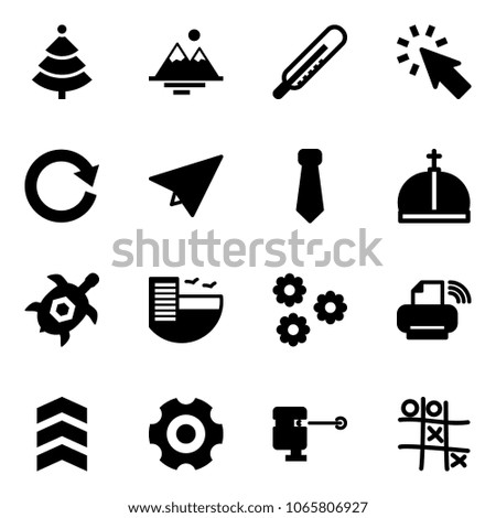 Solid vector icon set - christmas tree vector, mountains, thermometer, cursor, reload, paper plane, tie, crown, sea turtle, hotel, flower, printer wireless, chevron, gear, laser lever, Tic tac toe