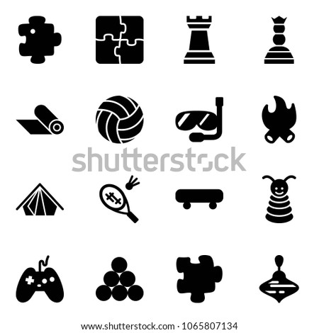 Solid vector icon set - puzzle vector, chess tower, queen, mat, volleyball, diving, fire, tent, badminton, skateboard, pyramid toy, joystick, billiards balls, wirligig