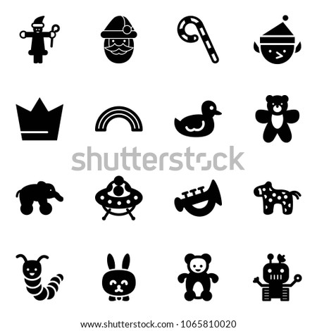 Solid vector icon set - santa claus vector, lollipop, christmas elf, crown, rainbow, duck toy, bear, elephant wheel, ufo, horn, horse, caterpillar, rabbit, robot