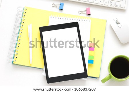 white Desk, tablet PC, lying on the table, white background with copy space, for advertisement, top view
