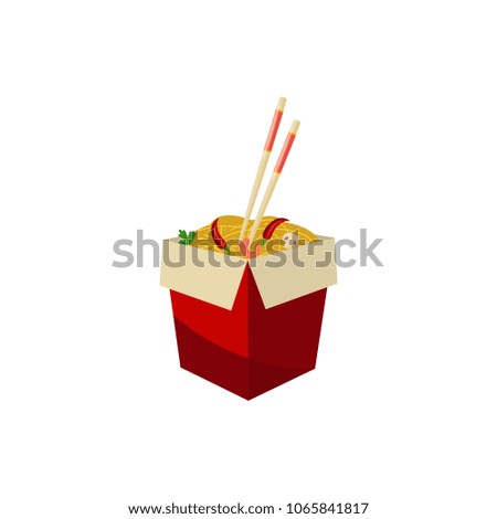 Asian udon noodles with mushroom, large cooked and peeled shrimp, fresh green parsley and chili pepper in opened red takeaway paper box with chopsticks. Flat isolated vector illustration.