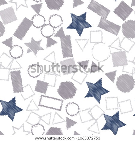 Abstract colored seamless background of circles, squares, stars and rectangles. Multicolored doodles in the form of geometric elements are randomly scattered. Suitable for fabric, packaging, wallpaper