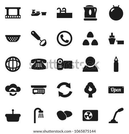 Flat vector icon set - colander vector, ladle, cereal, potato, world, punching bag, fitball, port, film frame, classic phone, cloud exchange, refresh, pool, fruit tree, consumer, bath, ari condition