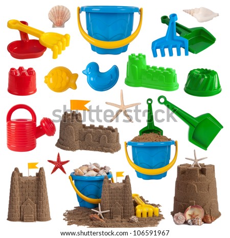 Beach toys and sand castles isolated on white background