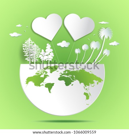 Love earth and save the world by planting forest for sustainable nature tree Ecology concept, Vector illustration and abstract background, Paper cut art template. Lovely heart with green earth concept