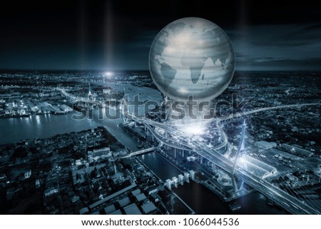 The Abstract art Double exposure of Cityscape and Virtual world hologram art. The Technology and business art concept