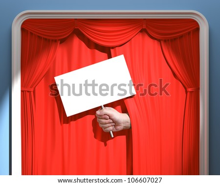 A hand with one white board sticking out of the curtain. Your text, image or sign on the white board. Royalty-Free Stock Photo #106607027
