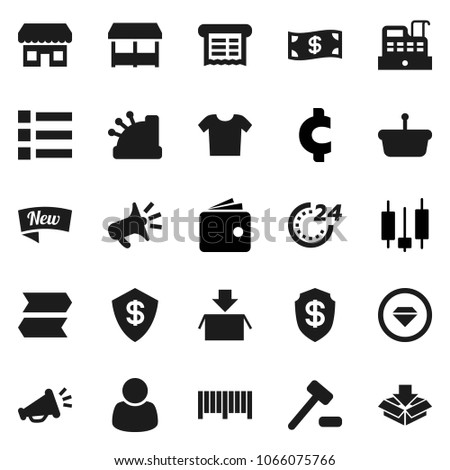 Flat vector icon set - japanese candle vector, wallet, cent sign, cash, new, 24 hour, market, store, customer, barcode, cashbox, receipt, basket, auction, loudspeaker, diamond ring, signpost, menu
