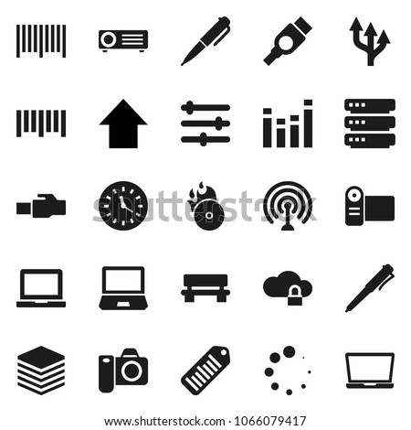 Flat vector icon set - pen vector, notebook pc, arrow up, clock, barcode, music hit, antenna, equalizer, hdmi, cloud lock, big data, lan connector, bench, loading, route, camera, video, projector
