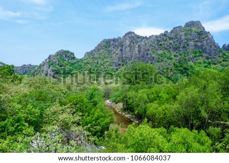 Beautiful rock mountain view and mangrove forest from view point in Sam Roi Yot National Park