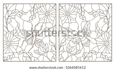 Set of outline illustrations with insects and flowers, Rhino beetle and bee, dark outlines on white background