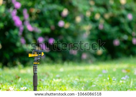 Sprinkler, the water spray in the garden  on green grass field with blurred background.