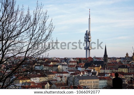 Beautiful View of The Prague City from Vítkov hill. Žižkov is a cadastral district of Prague, Czech Republic. Bohemian Sea and Train Way in The Capital City.