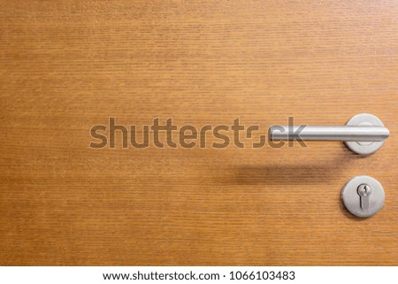 Detail of Modern style metallic door handle on wooden door
