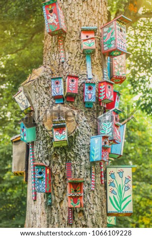 Colorful nesting boxes on the tree in sunshine