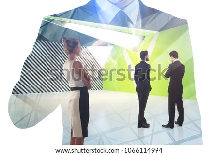 Meeting and colleagues concept. Businesspeople in abstract office interior on city background. Double exposure 