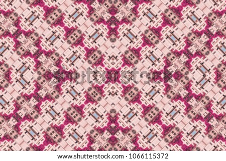 Kaleidoscope image photography with pink leaves and windows. Kaleidoscope background

