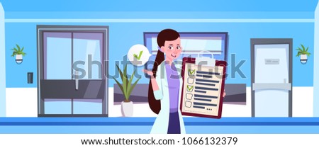 Female Doctor Hold Clipboard Over Hospital Waiting Room Background