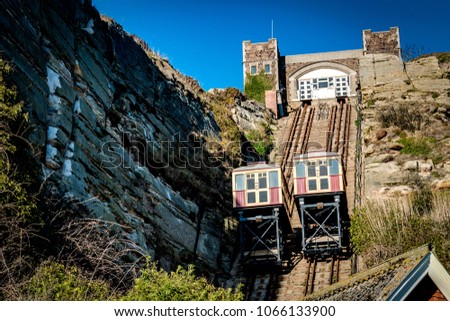 East Hill Cliff Railway or lift is a funicular railway located in the english town of Hastings in Sussex. A funicular is cable car operated by cable with ascending and descending cars counterbalanced Royalty-Free Stock Photo #1066133900