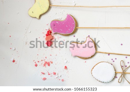 Flatlay with gingerbread birds and eggs on the white background