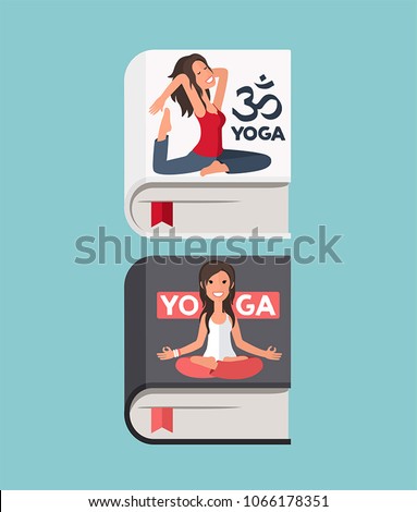 Icons of books about yoga. On the cover
a yogi girl in a lotus pose and a girl in a dove pose.
Text: Yoga and the symbol of yoga.