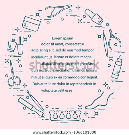 Silhouette of manicure and pedicure tools and products for beauty and care. Design element for postcard, banner, poster or print.