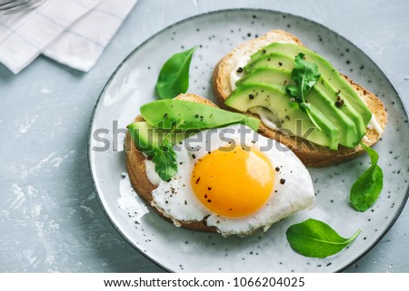Avocado Sandwich with Fried Egg - sliced avocado and  egg on toasted bread with arugula for healthy breakfast or snack. Royalty-Free Stock Photo #1066204025