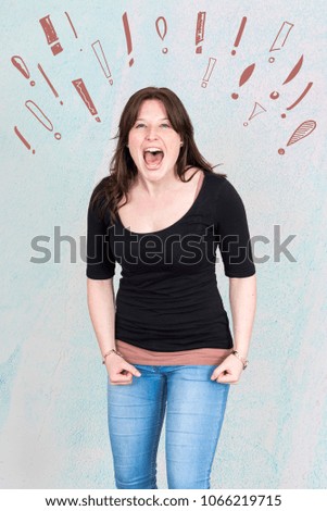 Screaming outgoing woman letting of steam with exclamation marks around head as concept for idea and solution and problem 