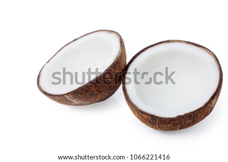 Couple of half coconuts isolated on white background clipping path.