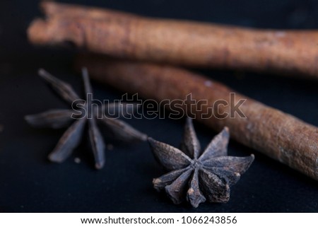 Close up of anise stars and cinnamon sticks on a black background