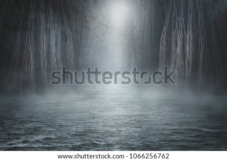 Dark landscape with magic forest, sea and magic light. Halloween background