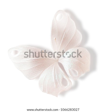 Fabric shiny pearly color butterfly isolated on white background. Retro style Gift for woman or girl. Wedding decor. Good morning vintage card