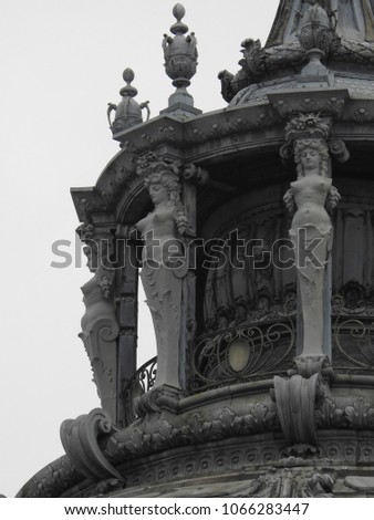Extreme zoom of magnificent statues and decoration masterpieces in Dome of iconic Petit Palais or small Palace next to Alexandre III bridge, Paris, France         