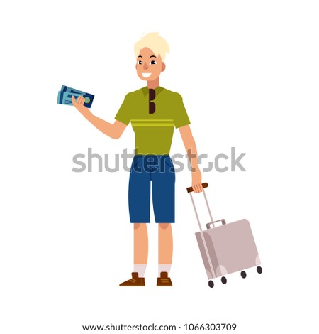 Young man in summer clothing with silver travel suitcase, plastic bag holding airplane tickets smiling. Happy male character, traveller, tourist going to vacation. Vector illustration