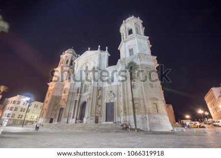 CADIZ-SPAIN: Cadiz Cathedral by night  in Andalusia, Spain on October 11, 2017