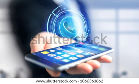 View of a Businessman using a Shinny technologic phone button on his smartphone - 3d render