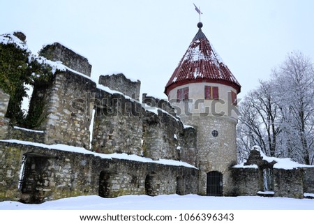 Ruin Castle Honburg at mountain honberg in winter time in tuttlingen in south germany
